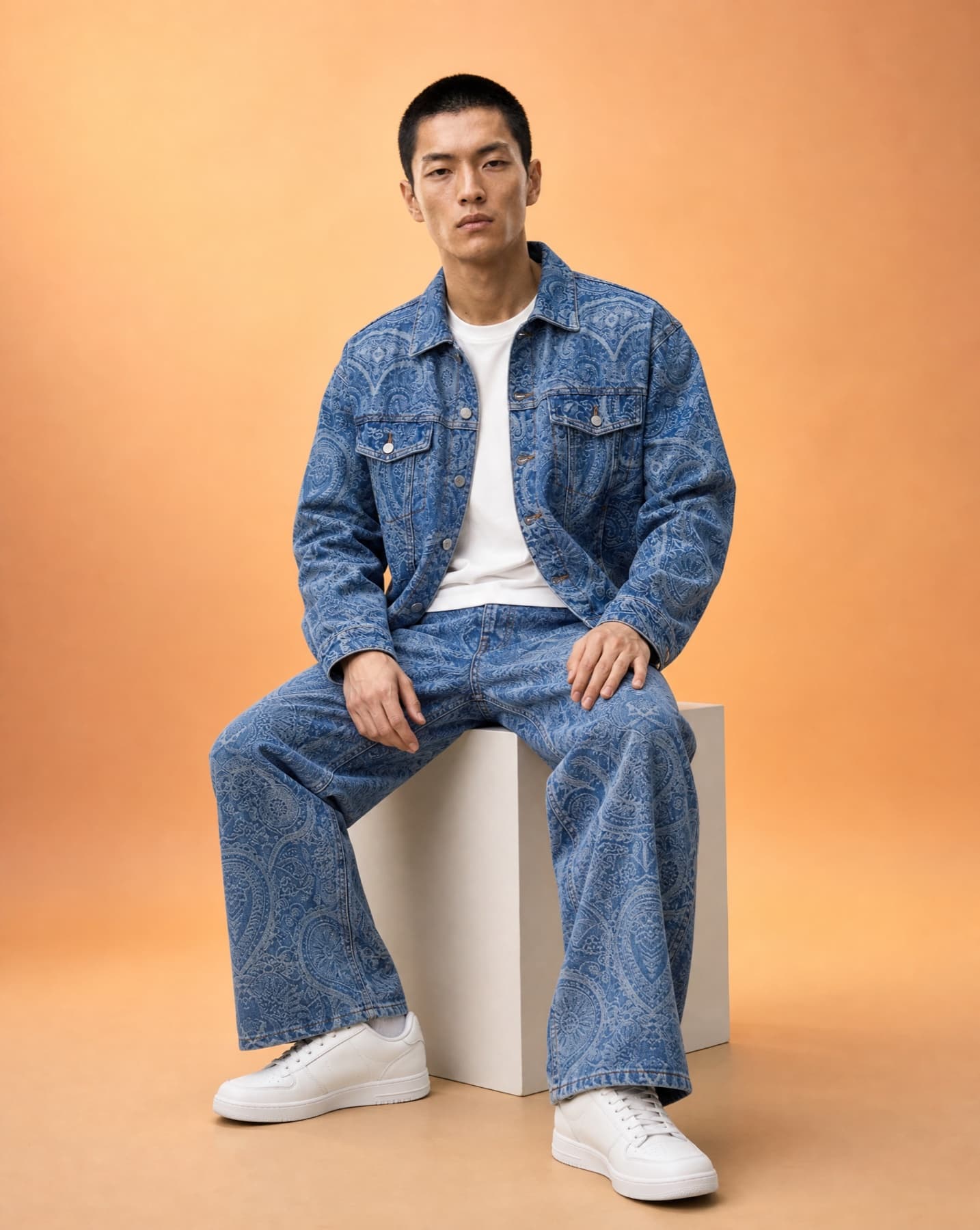 Seated full-look studio image from the denim campaign