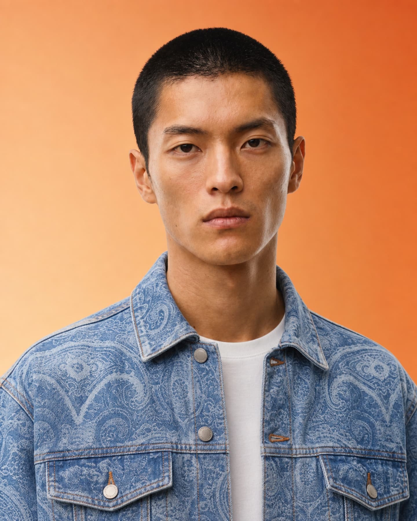 Close campaign portrait against a warm orange studio background