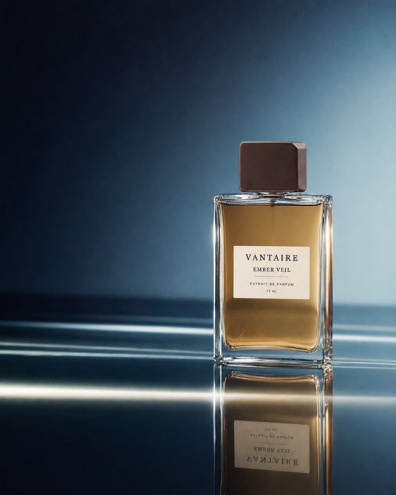 Ember Veil fragrance reflected in a cool mirrored studio set