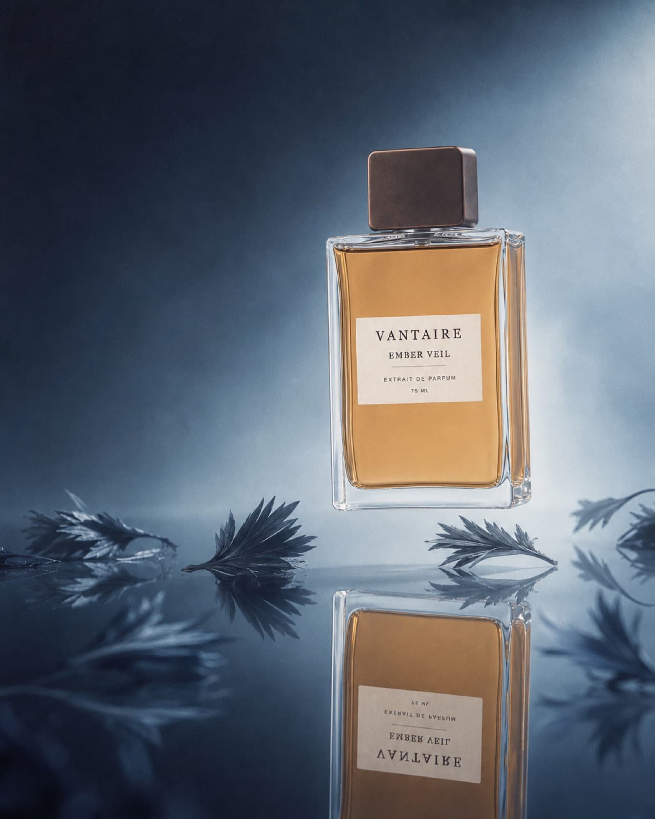 Low-angle mirrored campaign image for Ember Veil fragrance