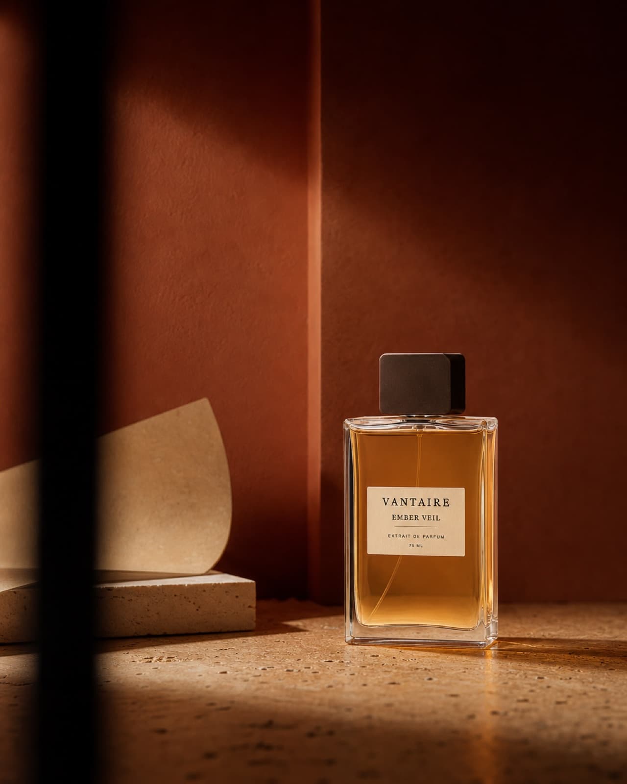 Ember Veil fragrance on a warm sculptural plinth
