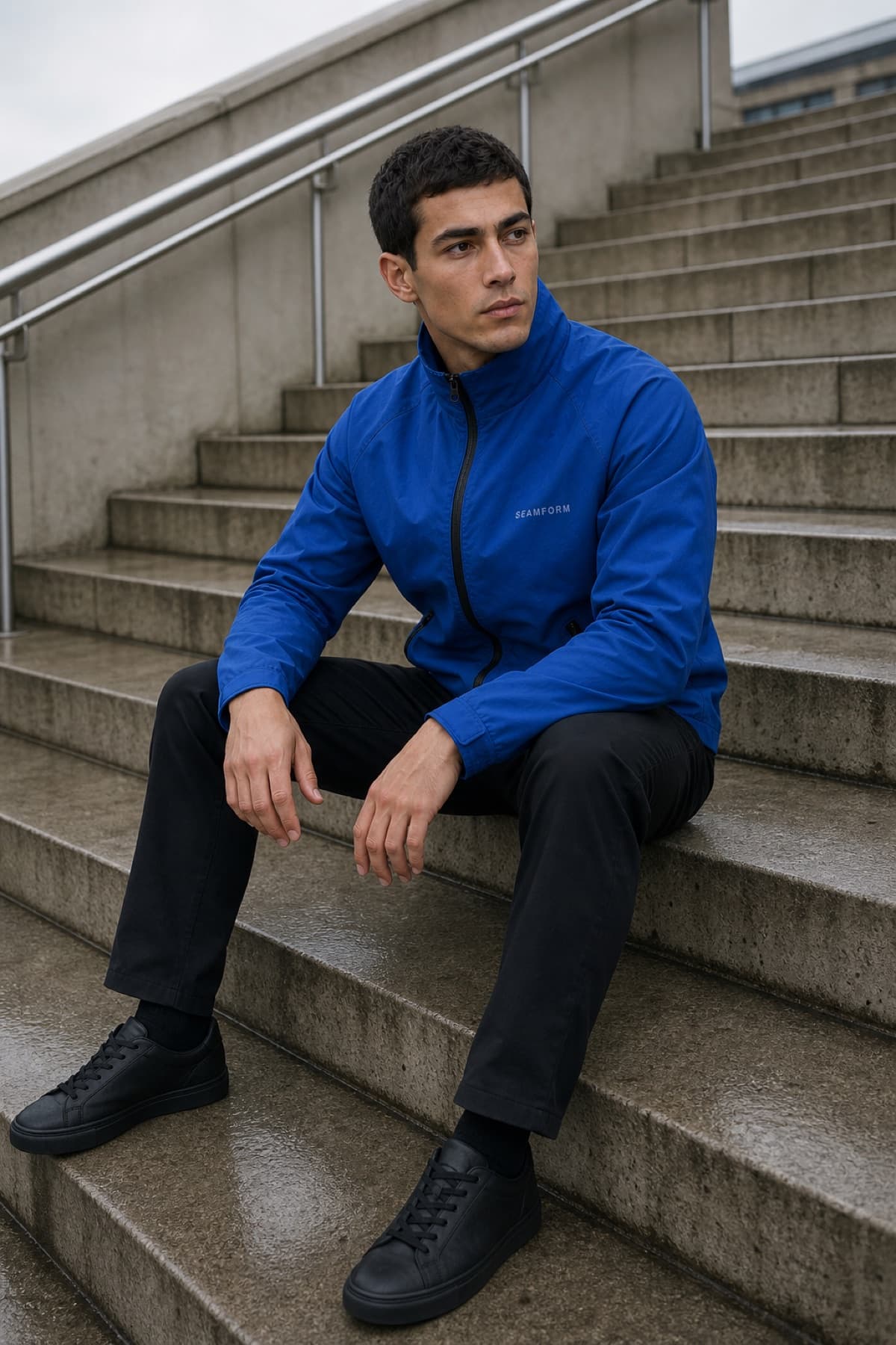 Seamform technical shell worn on rain-soaked city steps