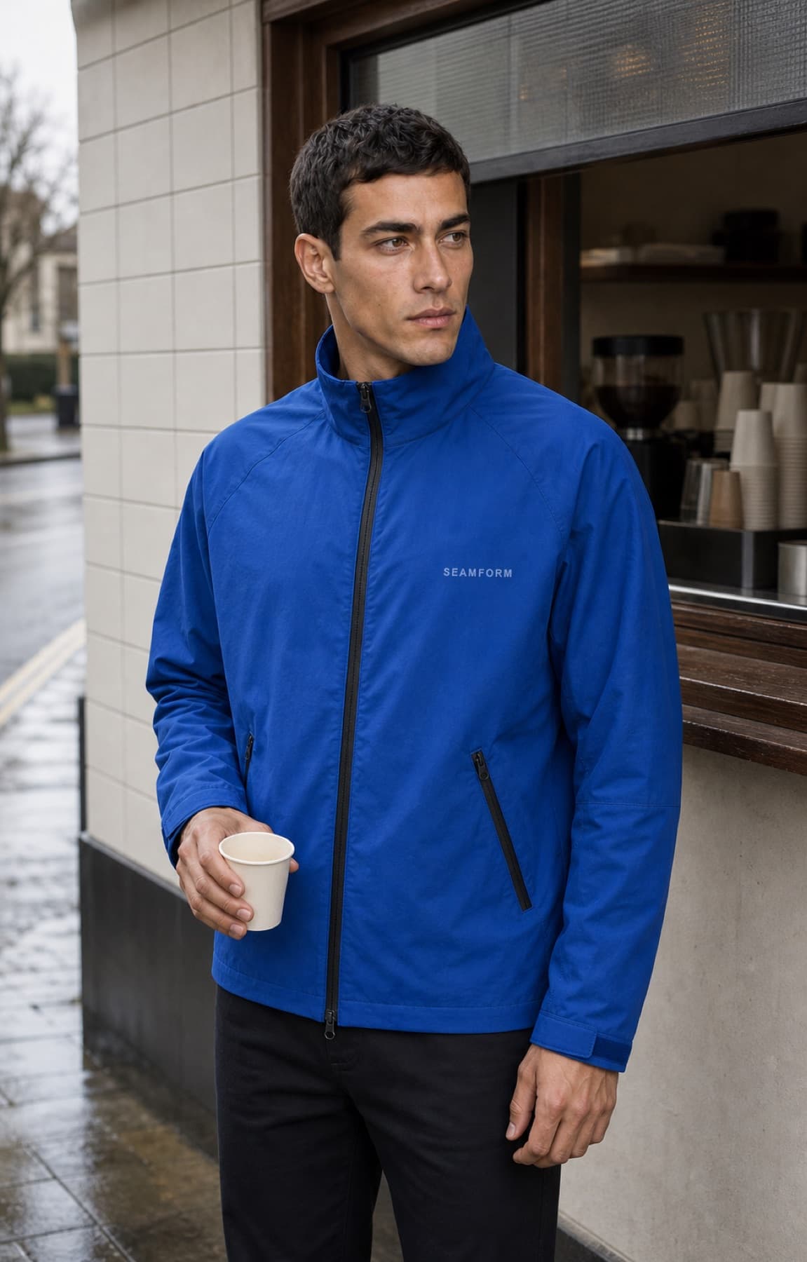 Seamform technical shell worn at a weekend coffee stop