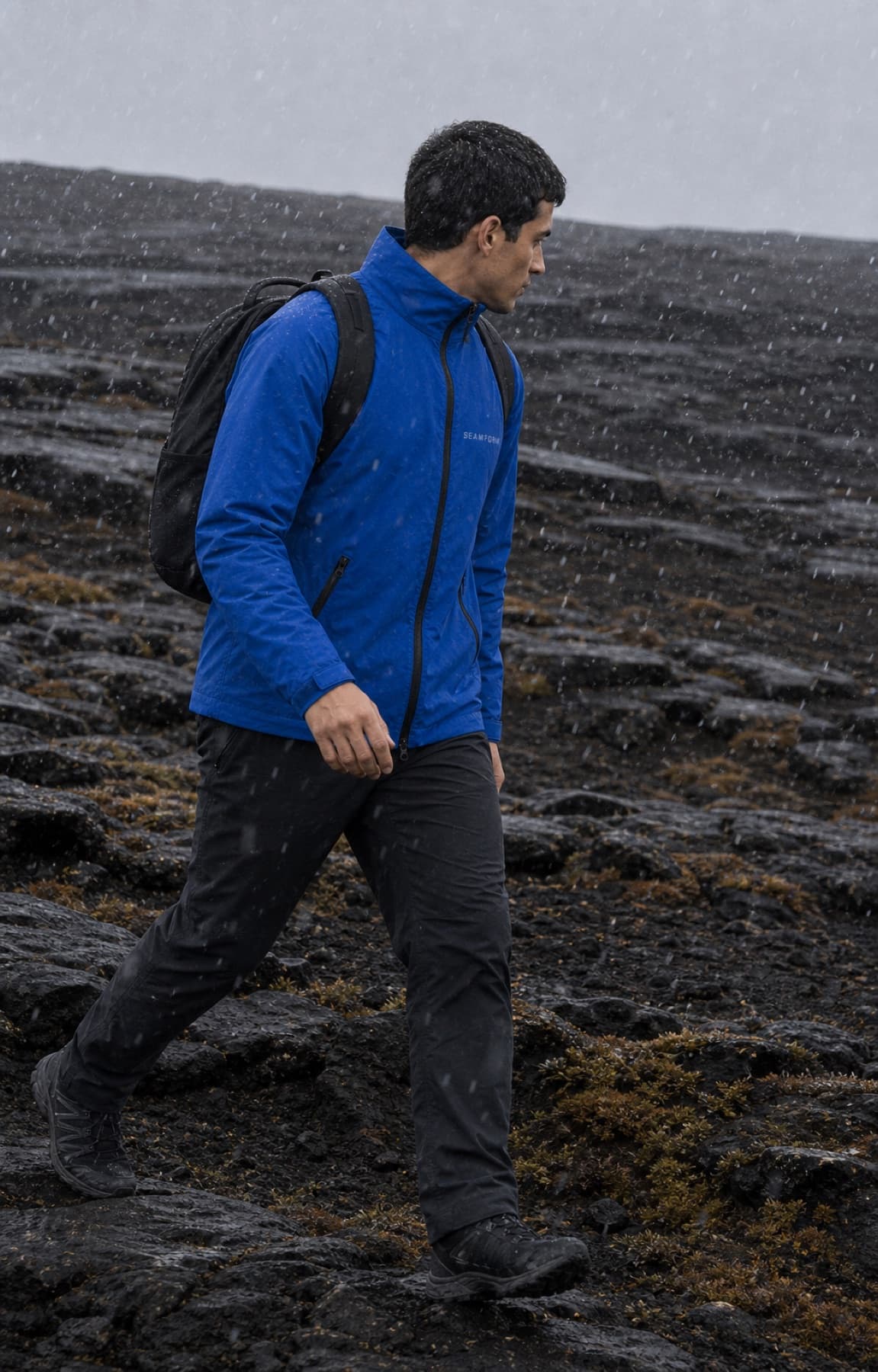 Seamform technical shell worn in heavy mountain sleet