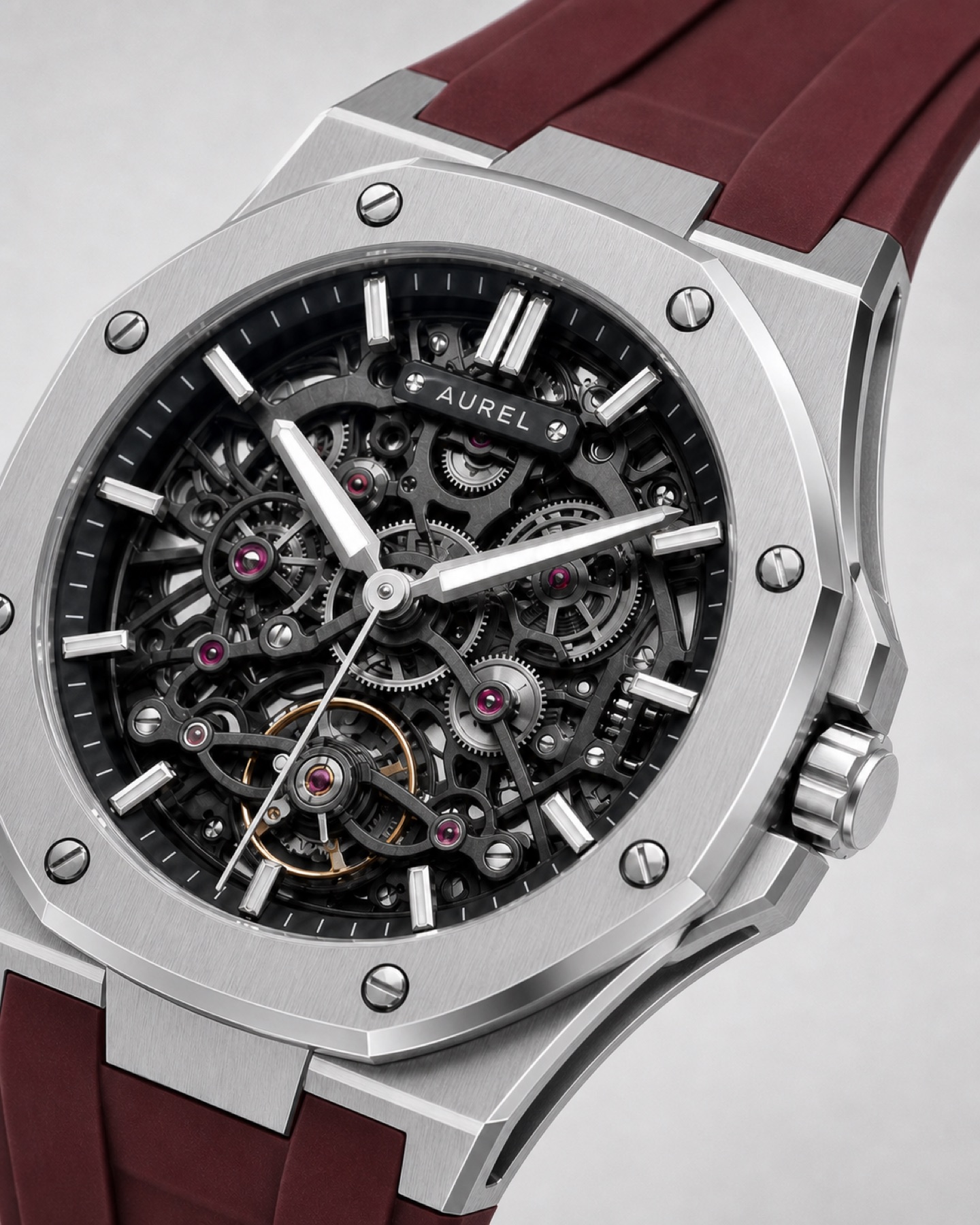 Macro detail of the Aurel watch crown