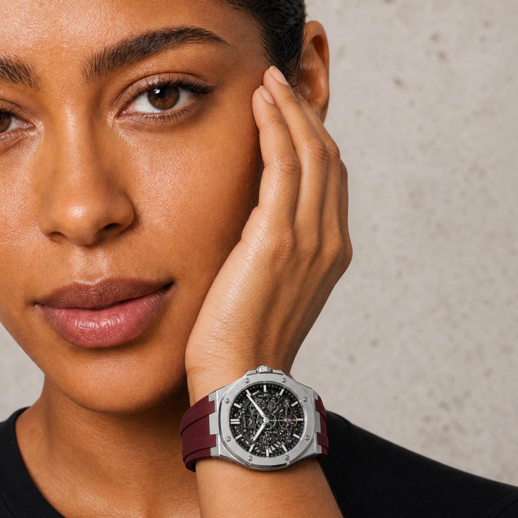 Close editorial detail of Mara wearing the Aurel watch
