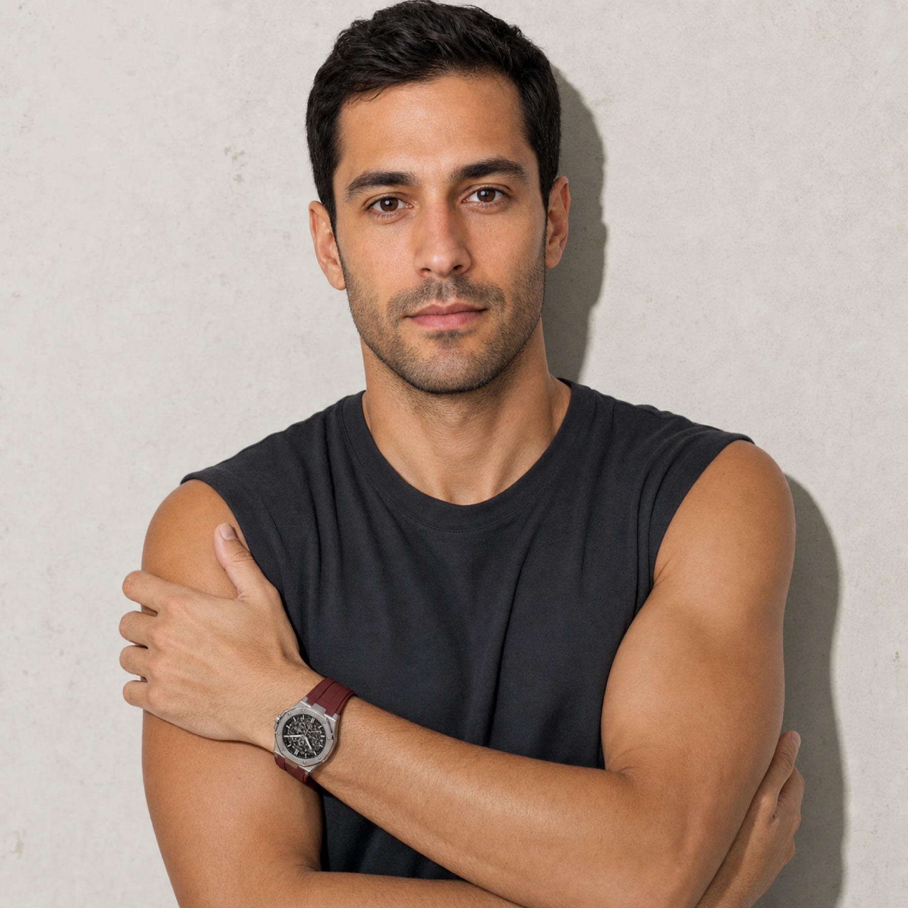 Close editorial portrait of Theo wearing the Aurel watch