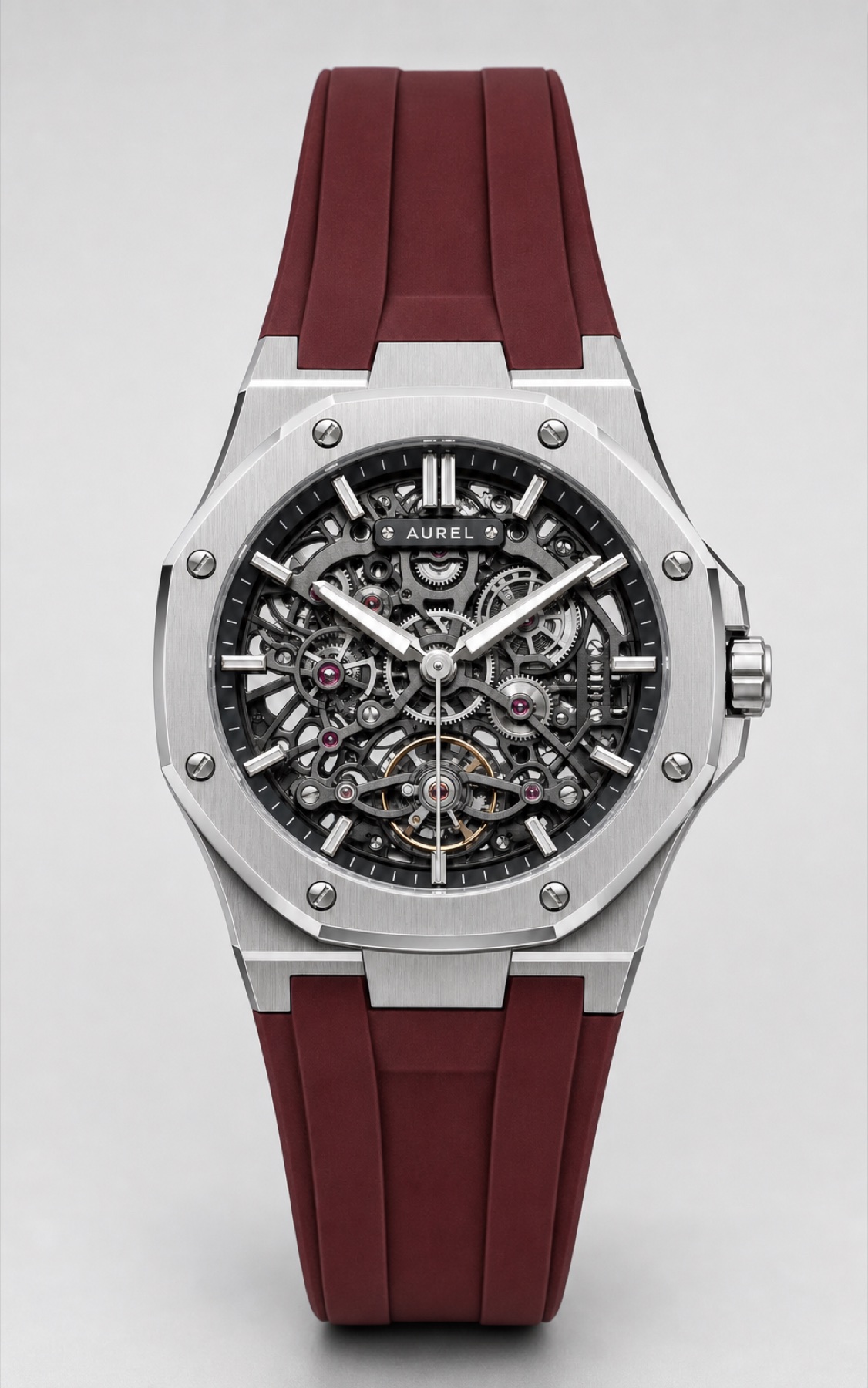 Centred front product view of the complete Aurel watch