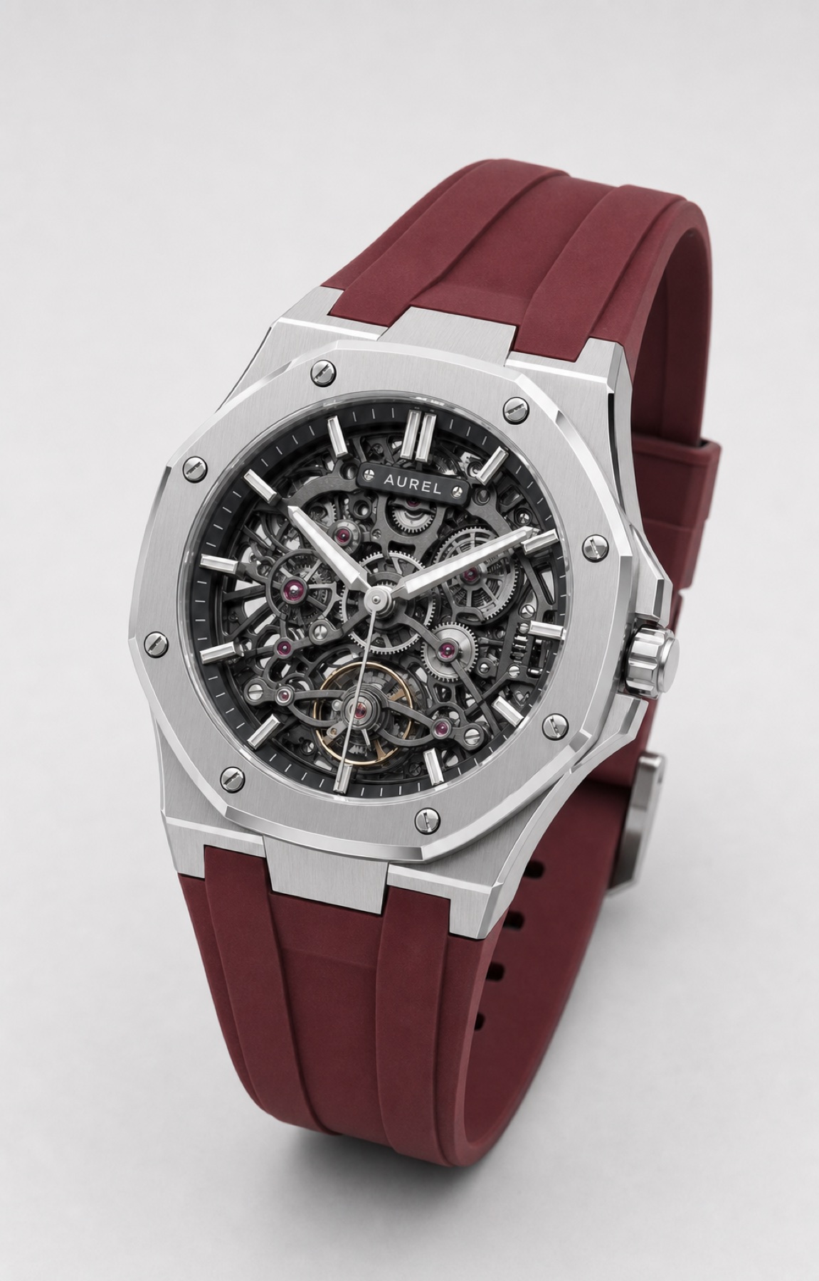 Three-quarter product view of the complete Aurel watch