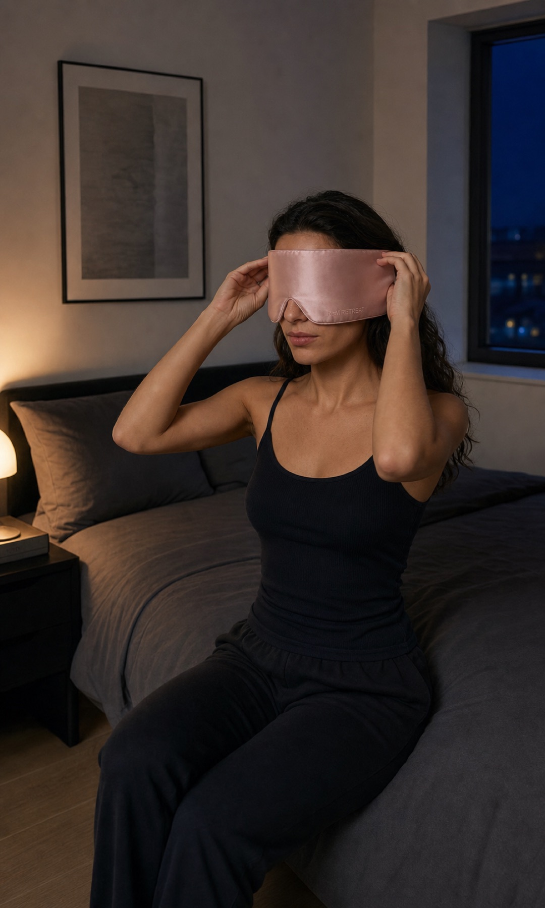 REM Retreat hush pink sleep mask used at bedtime