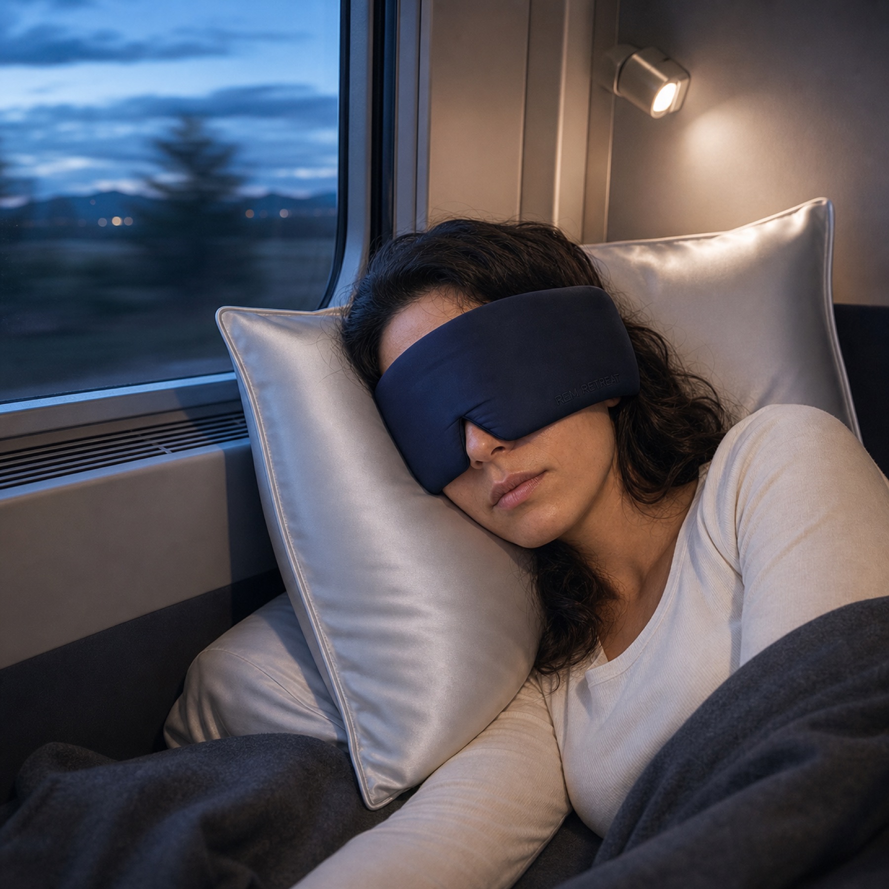 REM Retreat midnight blue sleep mask used on a sleeper train