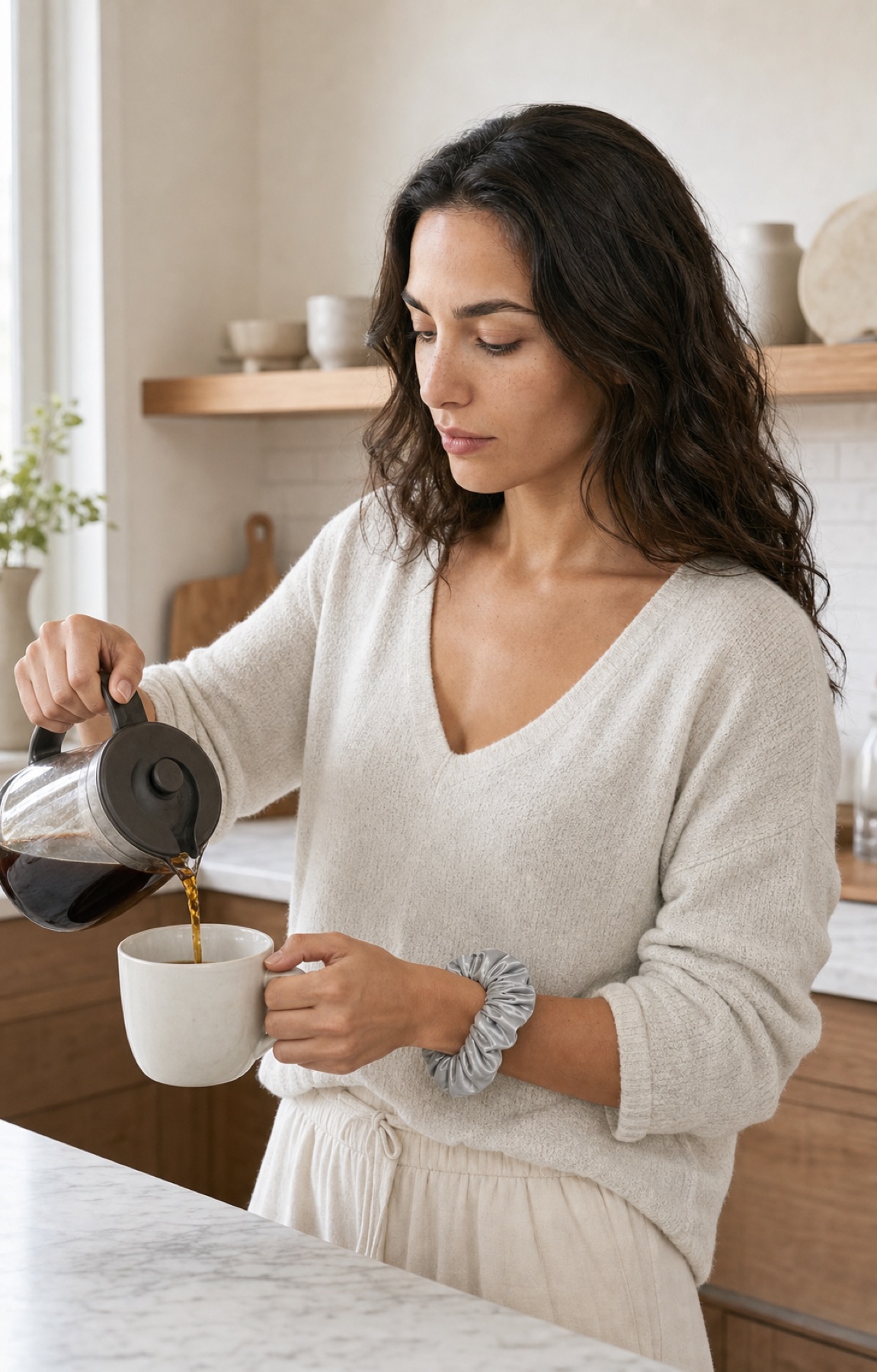 REM Retreat silver grey scrunchie used during a morning routine