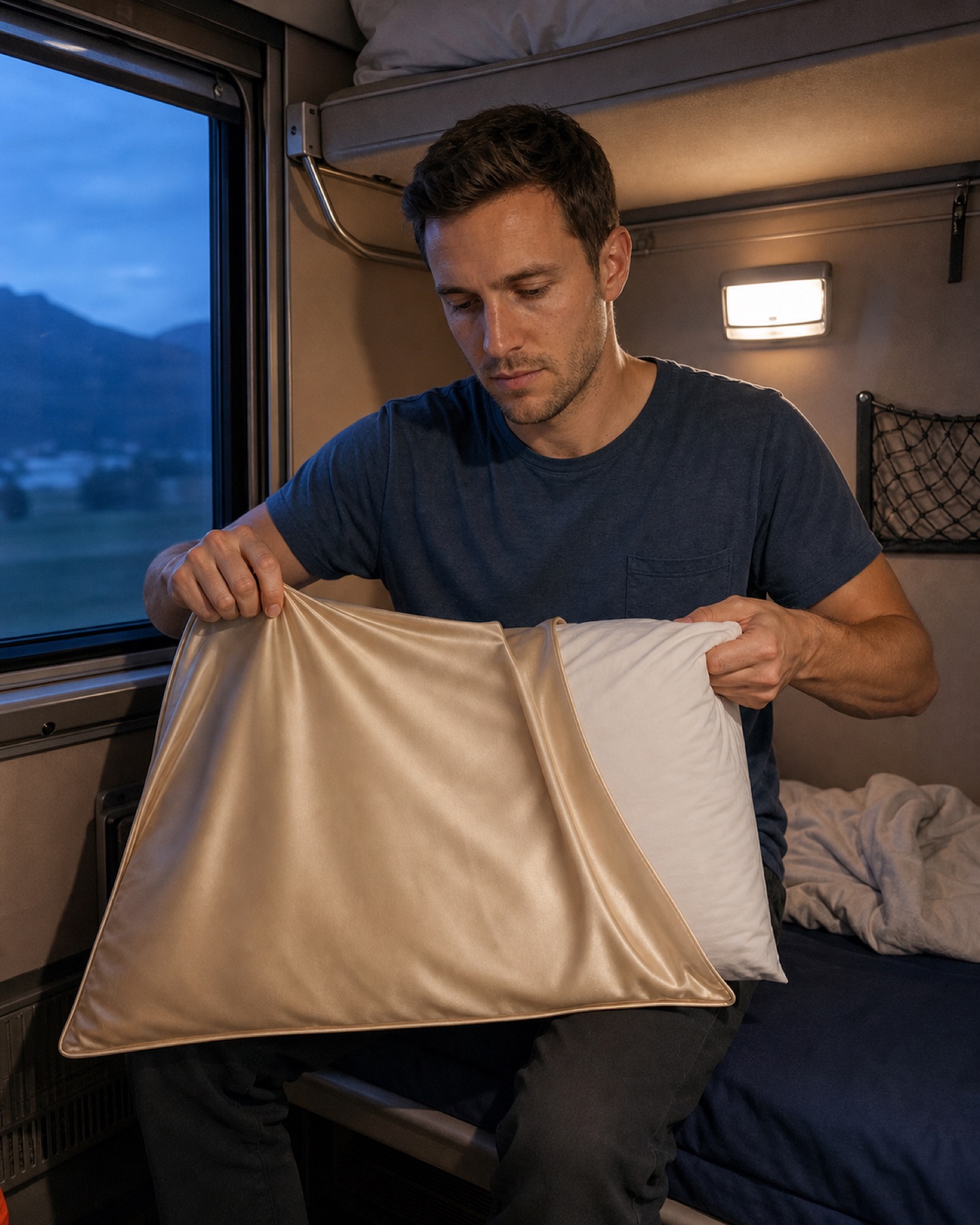 REM Retreat champagne pillowcase prepared in a sleeper berth