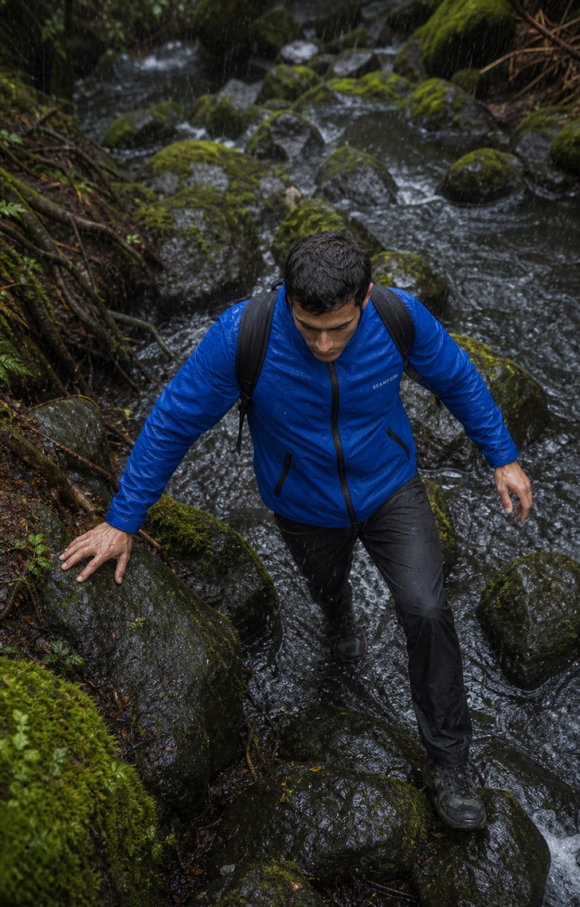 Seamform technical shell tested across saturated rocks and running water